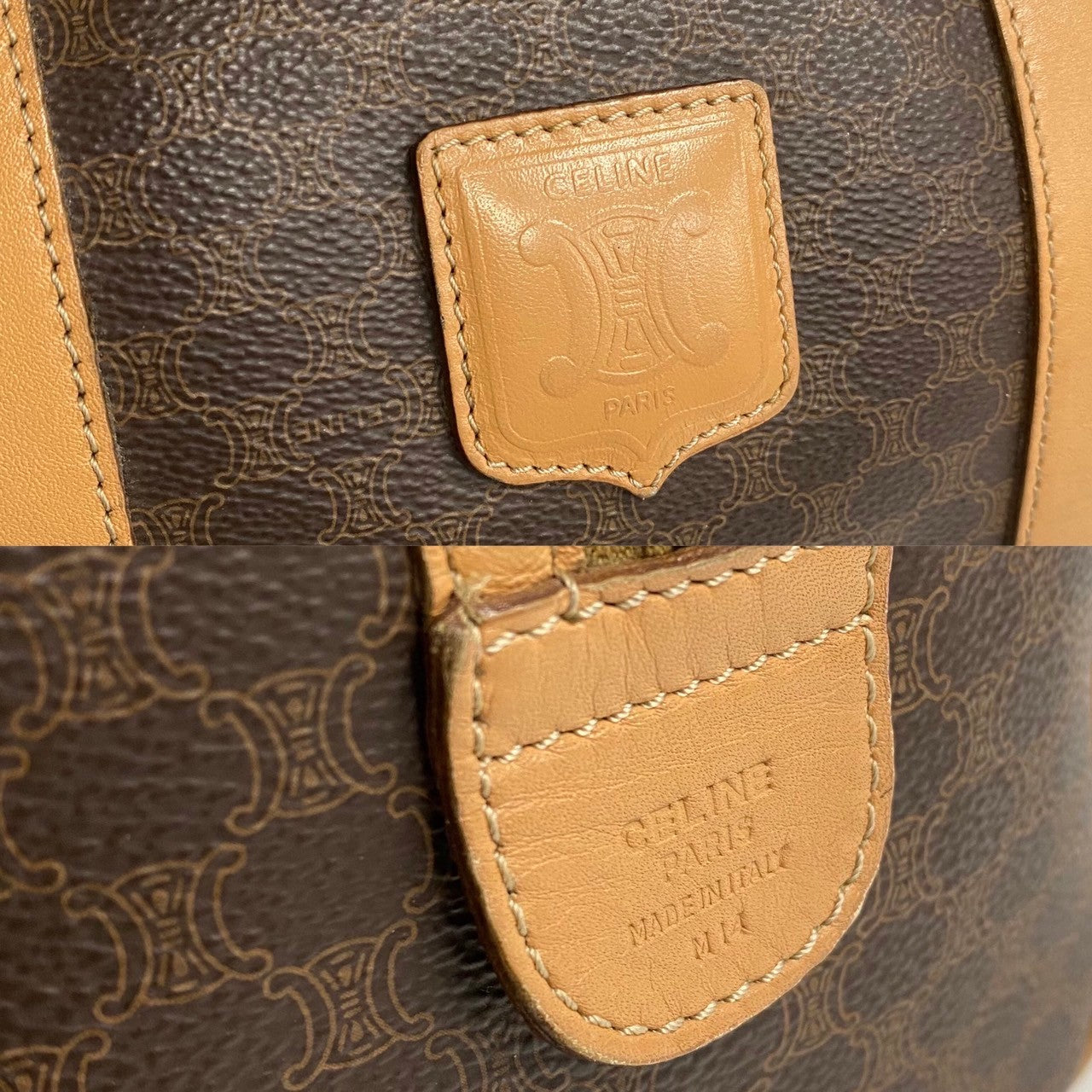 CELINE Handbag Leather, PVC Brown Macadam Blason Triomphe Pattern Women(Unisex)