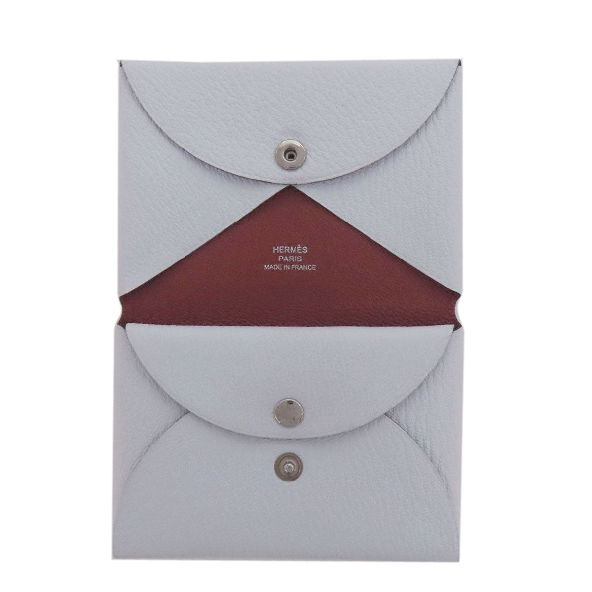 HERMES Card Case Shave white Calvi Blue Brume Silver Metal