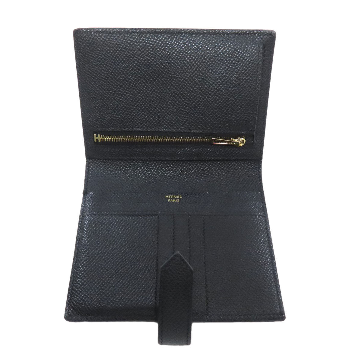 HERMES Bifold Wallet Epsom black Bearn Compact Gold Metal