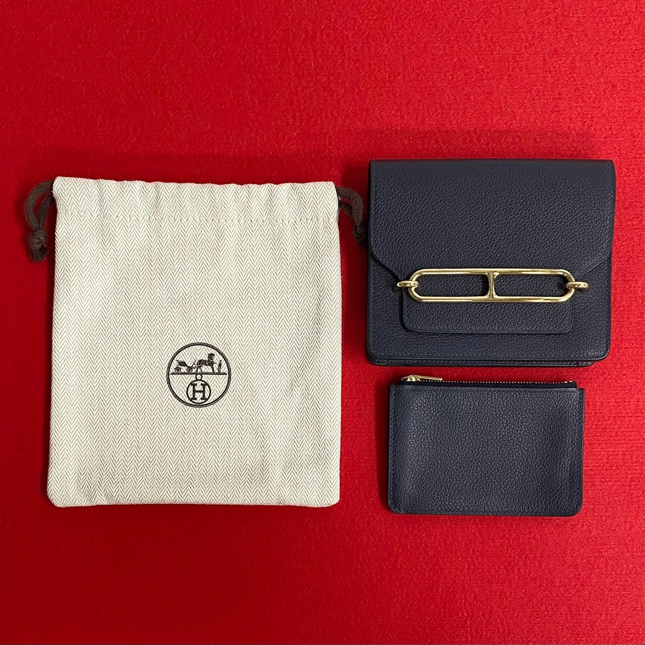 HERMES Bifold Wallet leather Navy Lauris Ruri Slim mens(Unisex)