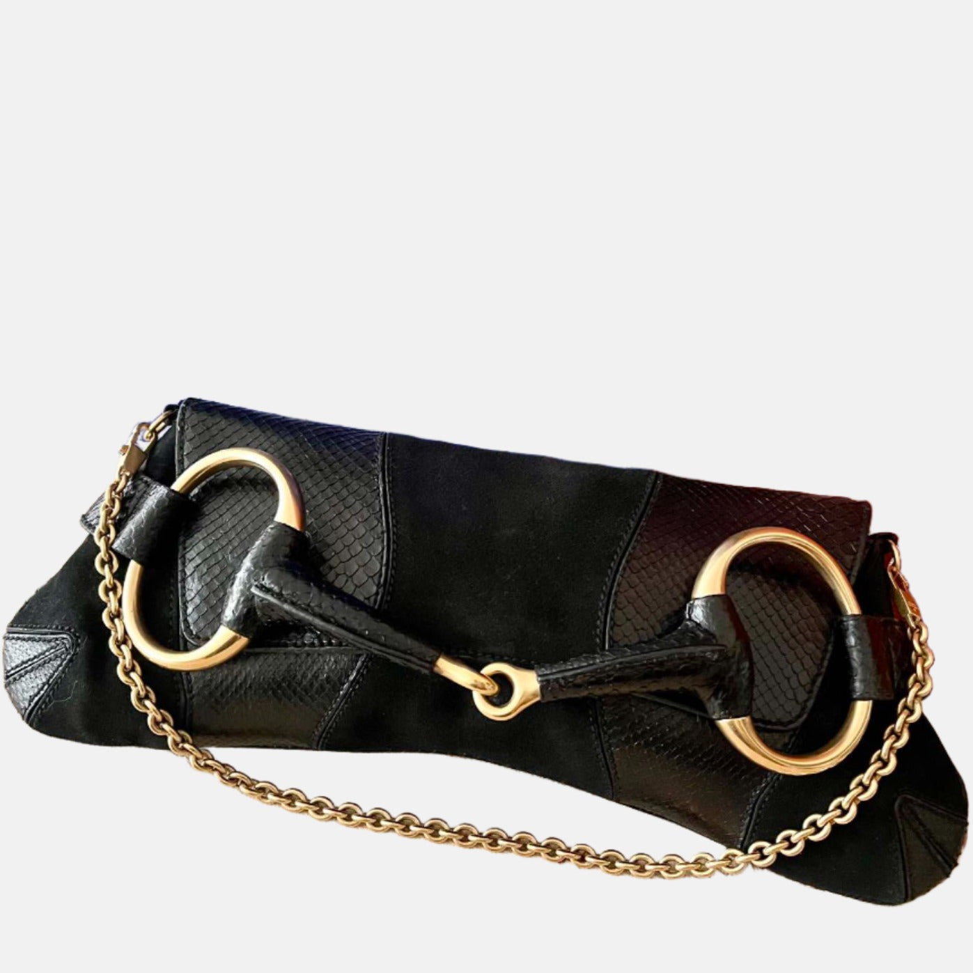 Gucci Horsebit 1955 Large Black Suede and Python-skin Leather Shoulder Bag
