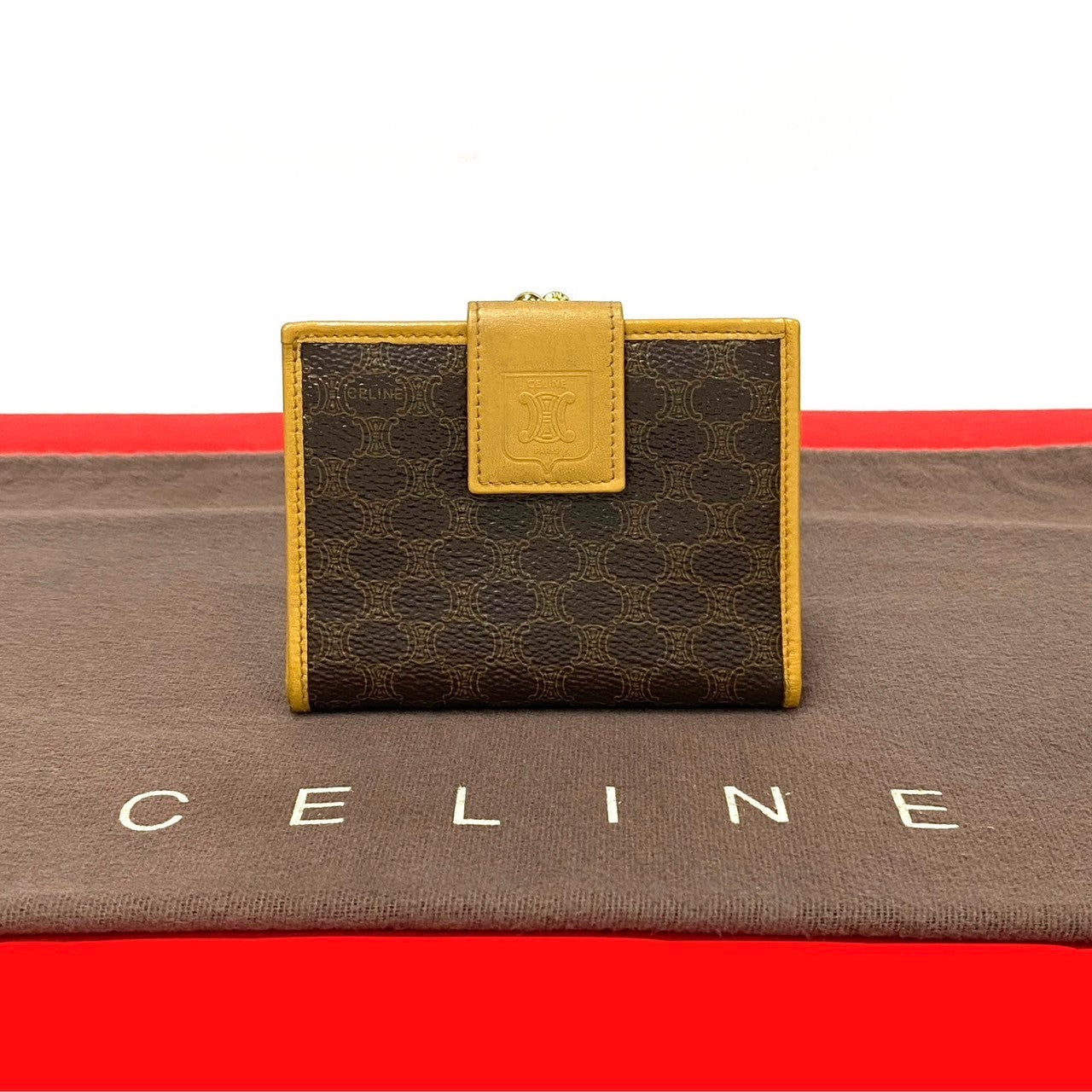 CELINE Bifold Wallet Leather, PVC Brown Macadam BlazonPattern Women(Unisex)