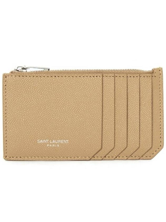 Luxury Saint Laurent Trending 2025 Logo Print Pebbled Leather Card Wallet Brown