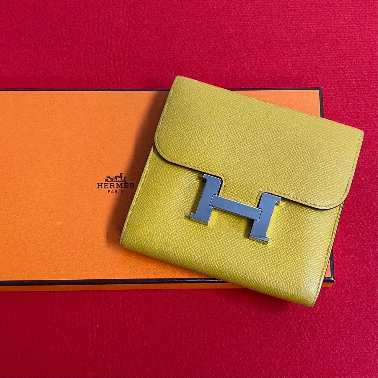 HERMES Bifold Wallet Epsom yellow logo Metal Constance Compact Women(Unisex)