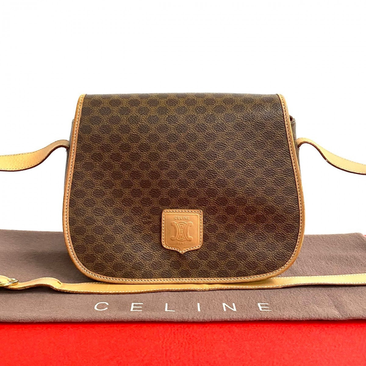 CELINE Shoulder Bag Leather, PVC Brown Macadam Blason Triomphe Pattern Women
