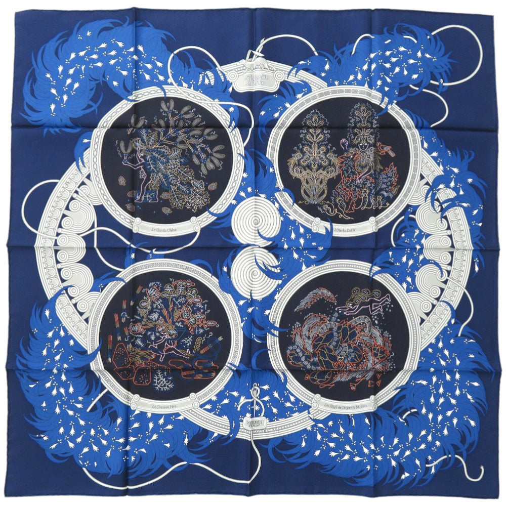 HERMES scarf silk blue Carre90 LEGENDE BRODEE A legend woven with embroidery Women