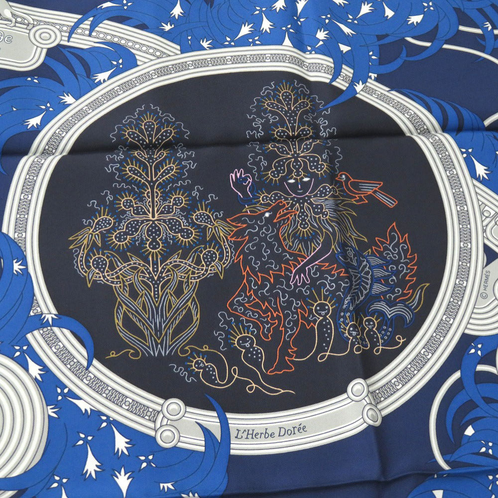 HERMES scarf silk blue Carre90 LEGENDE BRODEE A legend woven with embroidery Women
