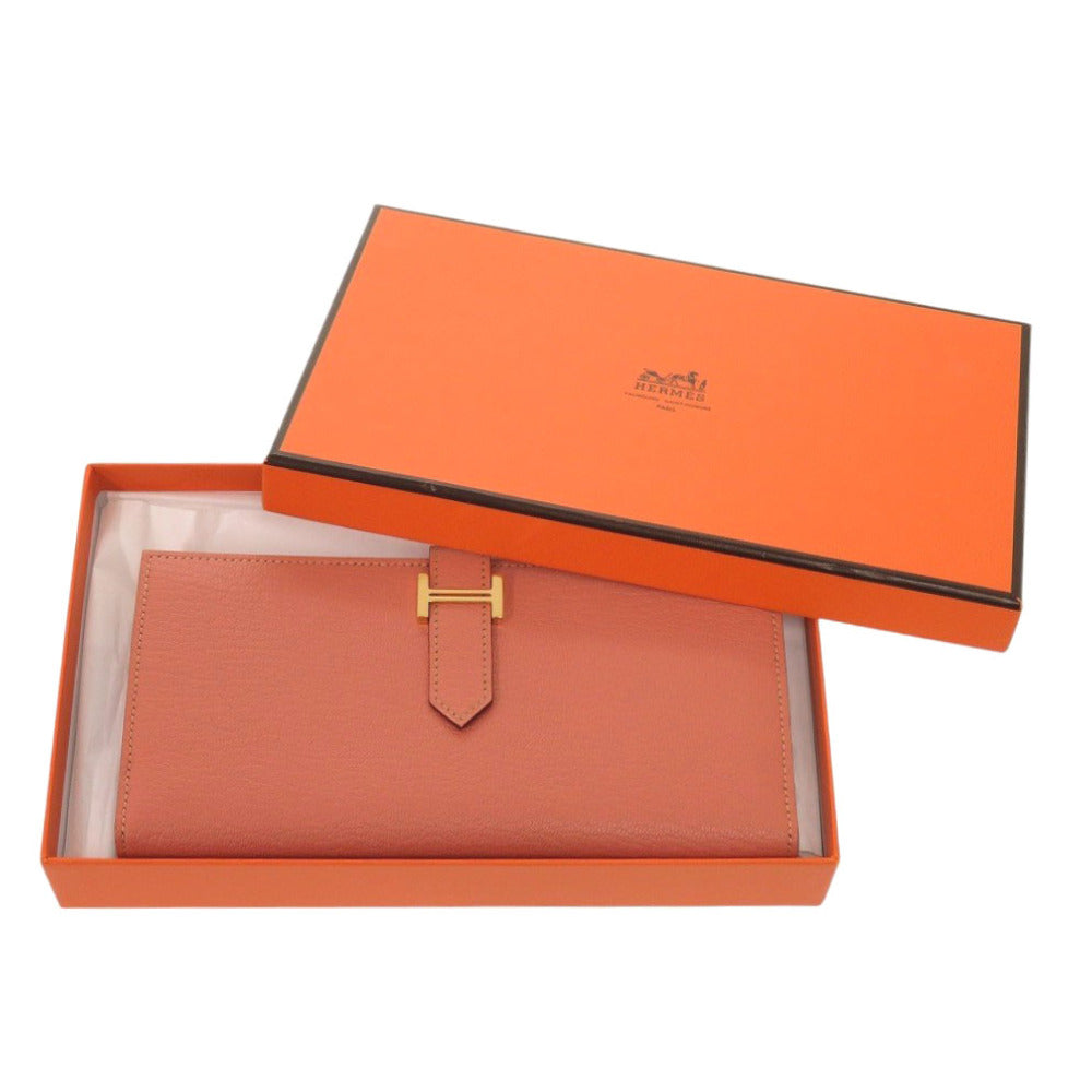 HERMES Long Wallet Purse Taurillon Clemence Rose tea Beansufla Women