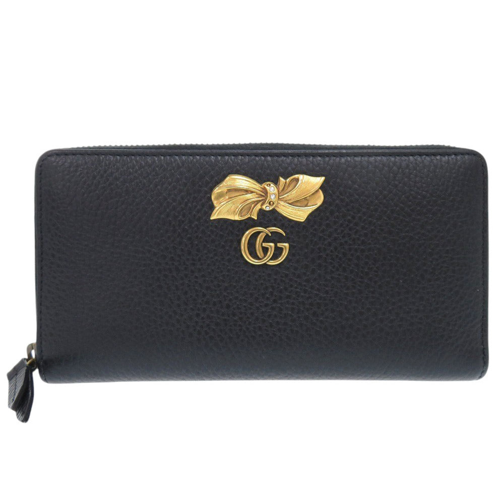 GUCCI Long Wallet Purse 524291 leather black Zip Around GG Marmont Ribbon Women