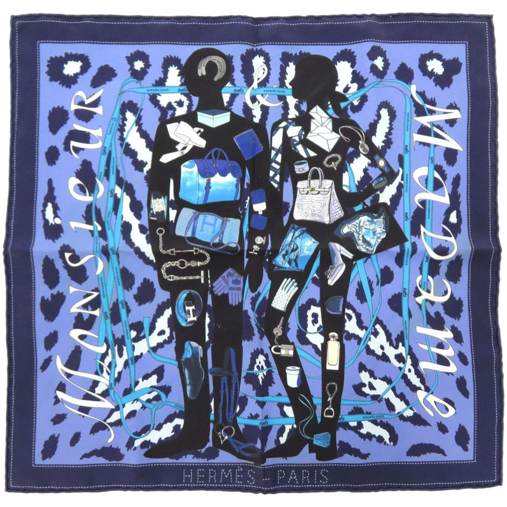 HERMES scarf silk blue Carre40 MONSIEUR ET MADAME Monsieur & Madam Women