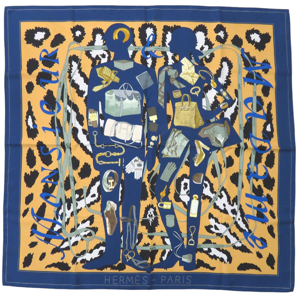 HERMES scarf silk blue Carre90 MONSIEUR ET MADAME Monsieur & Madam Women