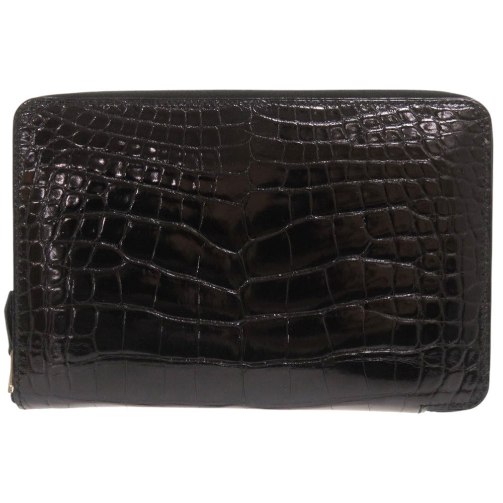 HERMES Long Wallet Purse alligator black Zip Around Azap combine mens