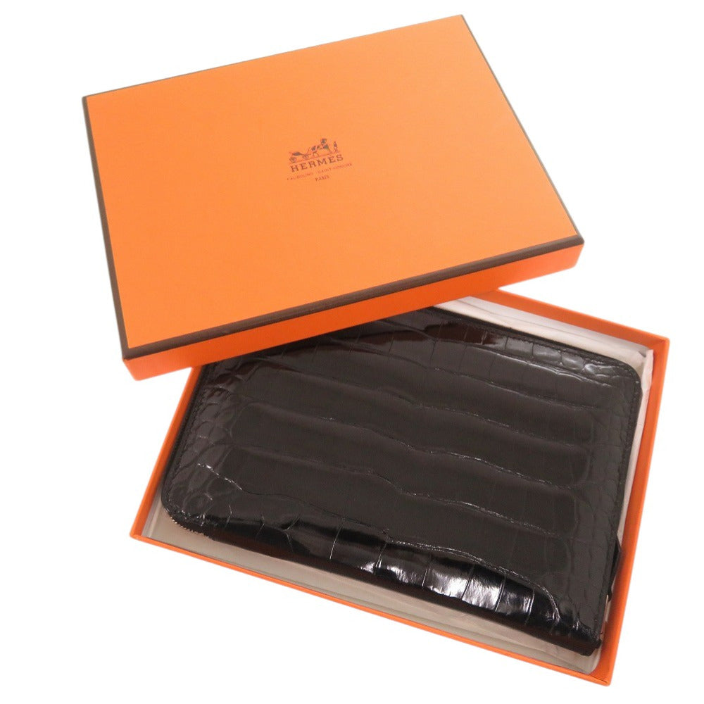HERMES Long Wallet Purse alligator black Zip Around Azap combine mens