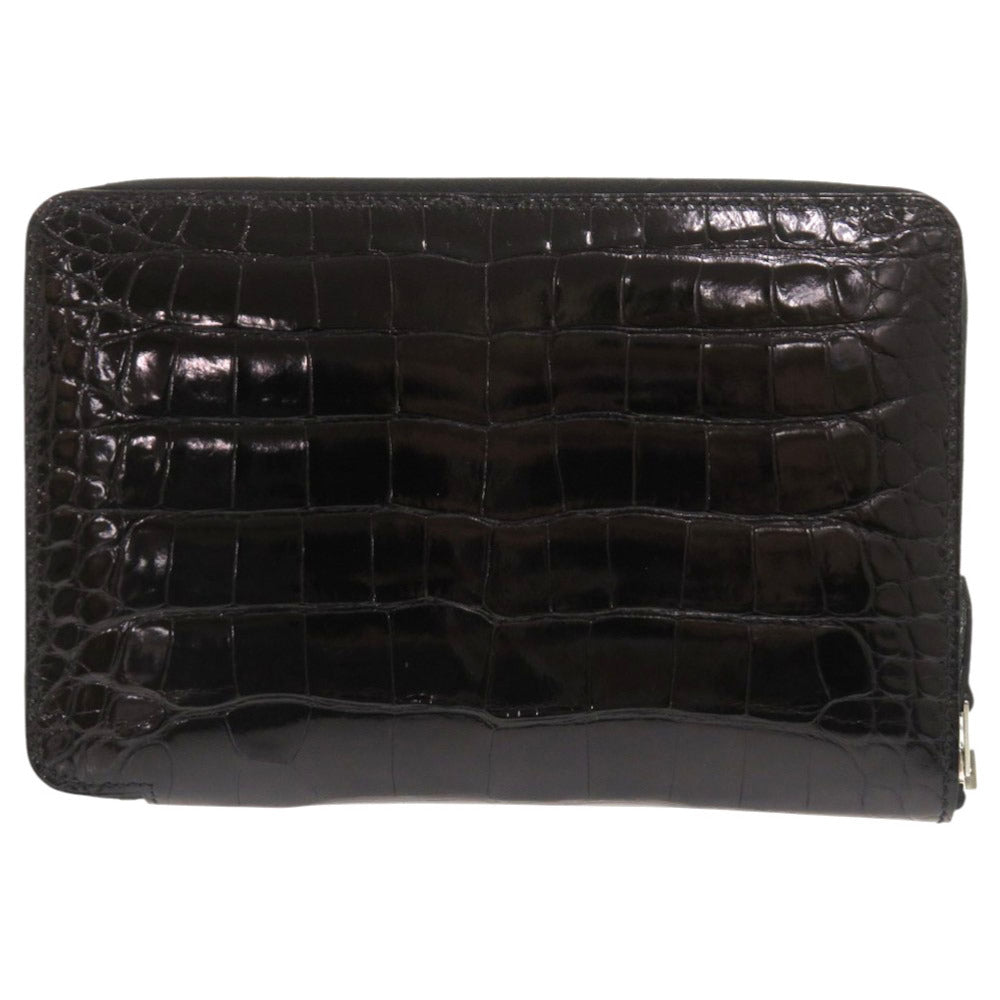 HERMES Long Wallet Purse alligator black Zip Around Azap combine mens