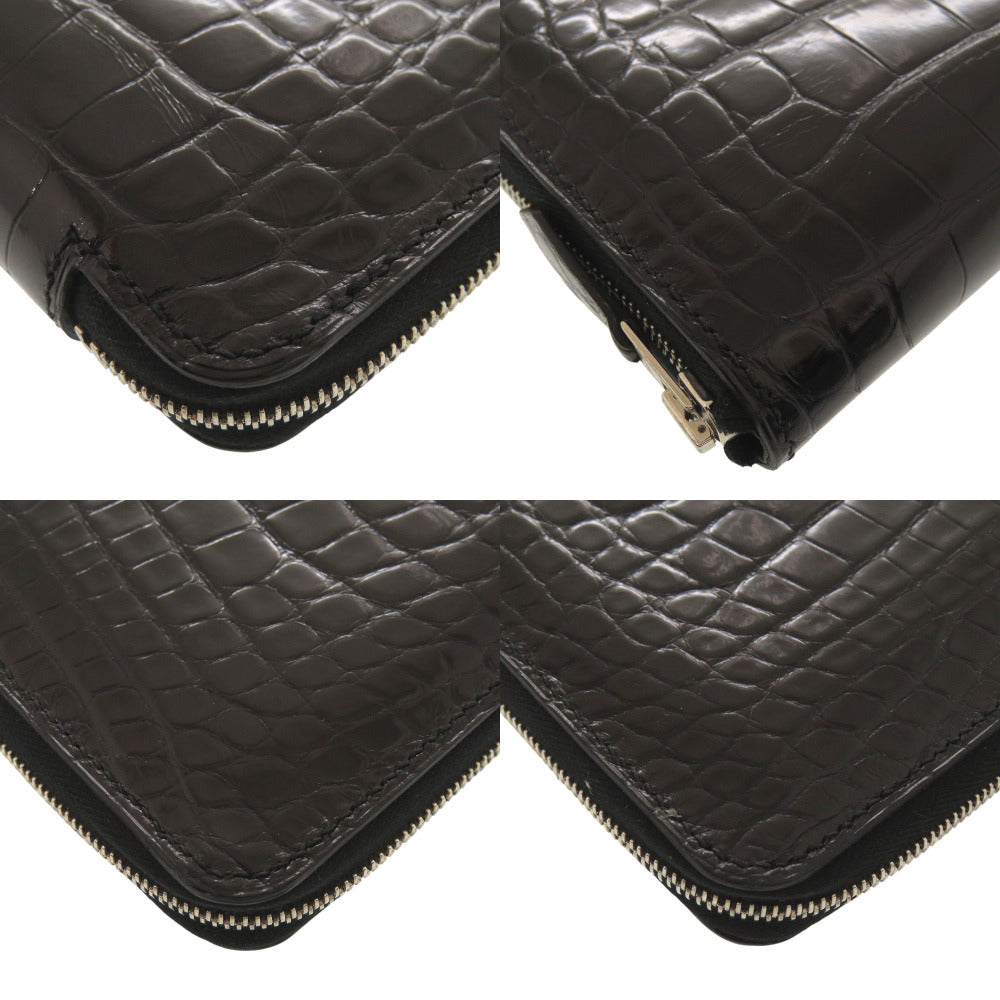 HERMES Long Wallet Purse alligator black Zip Around Azap combine mens