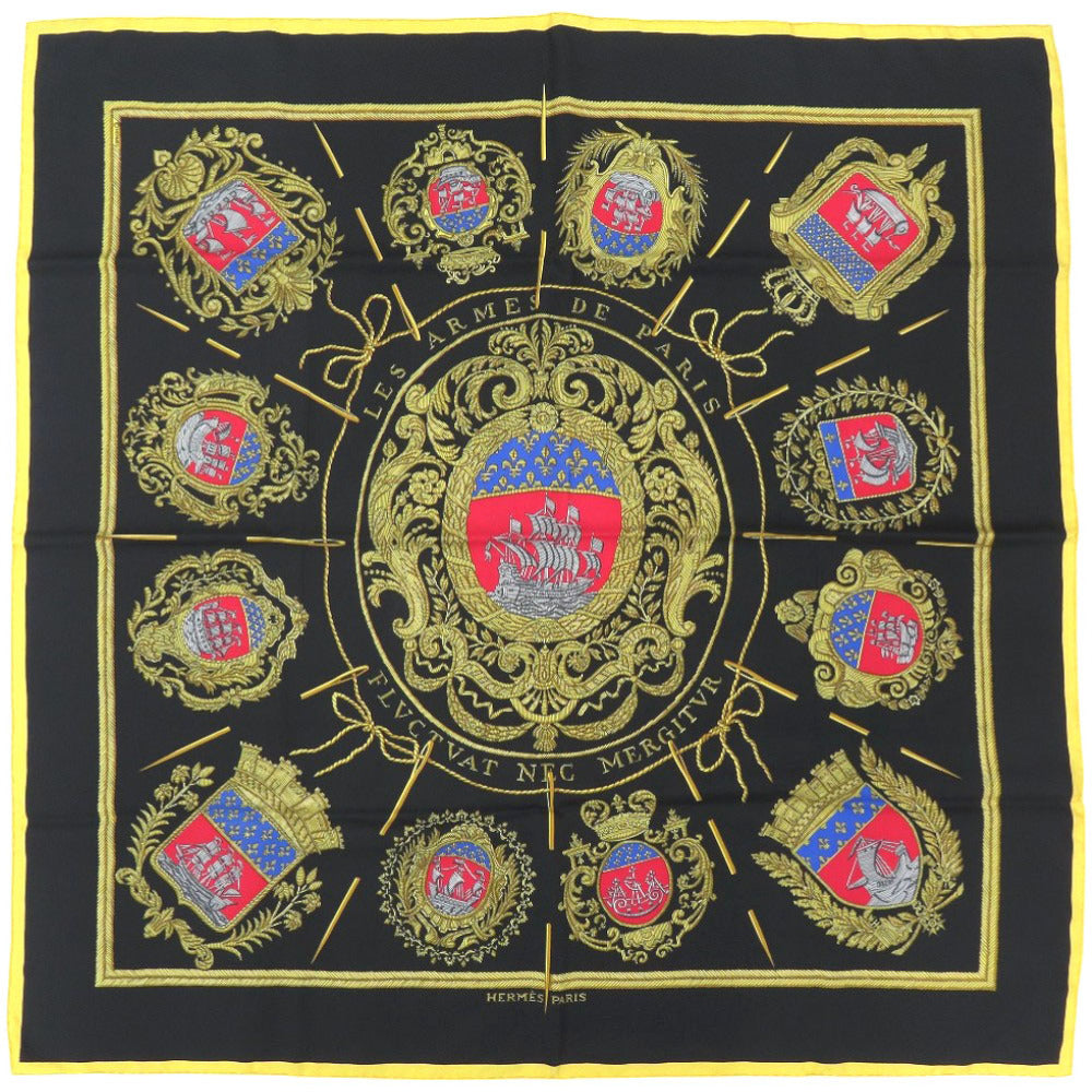 HERMES scarf silk black Carre90 LES ARMES DE PARIS Coat of arms of Paris Women