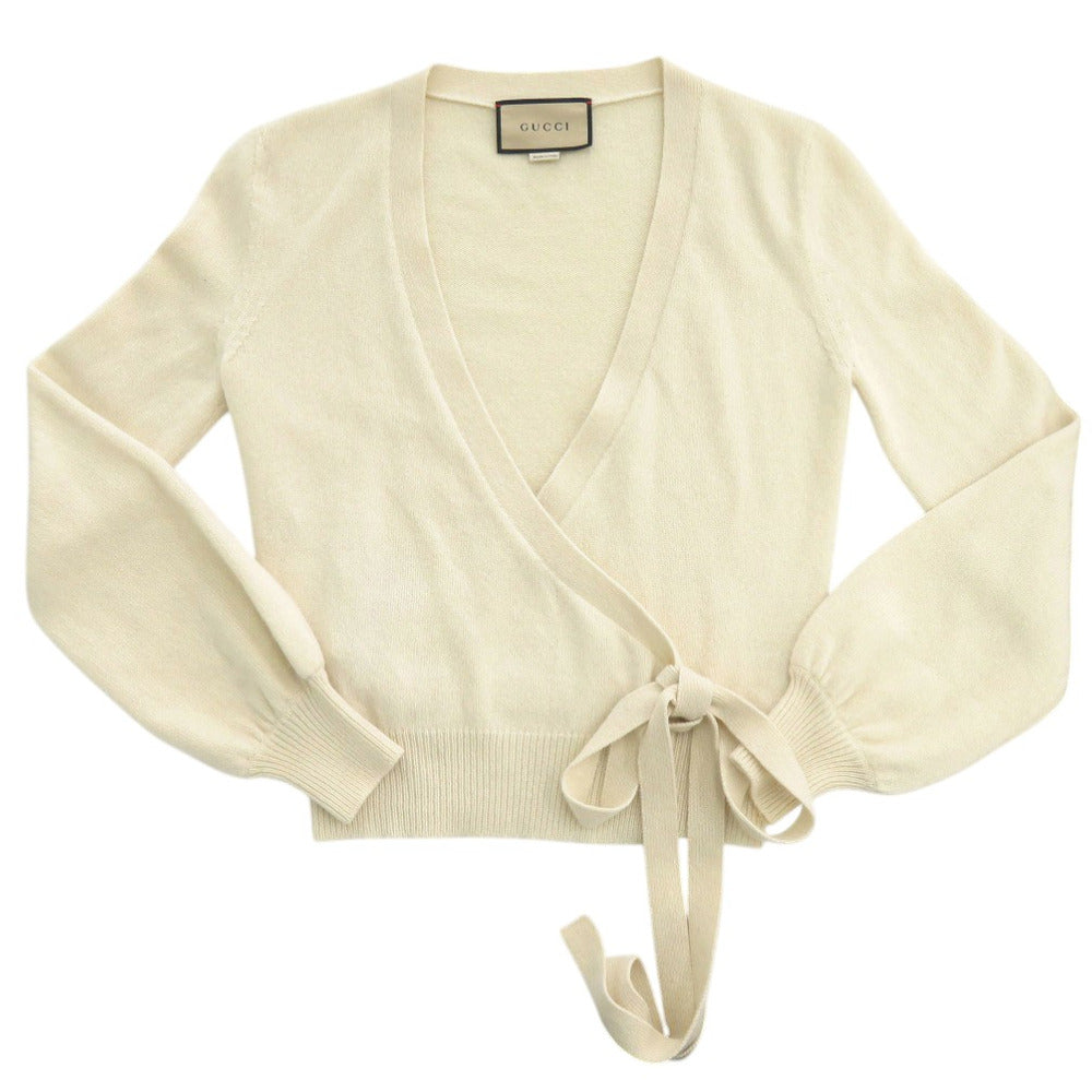 GUCCI cardigan cashmere Ivory Cache-coeur logo embroidered ribbon knit cardigan Women Medium size (170/90Y)