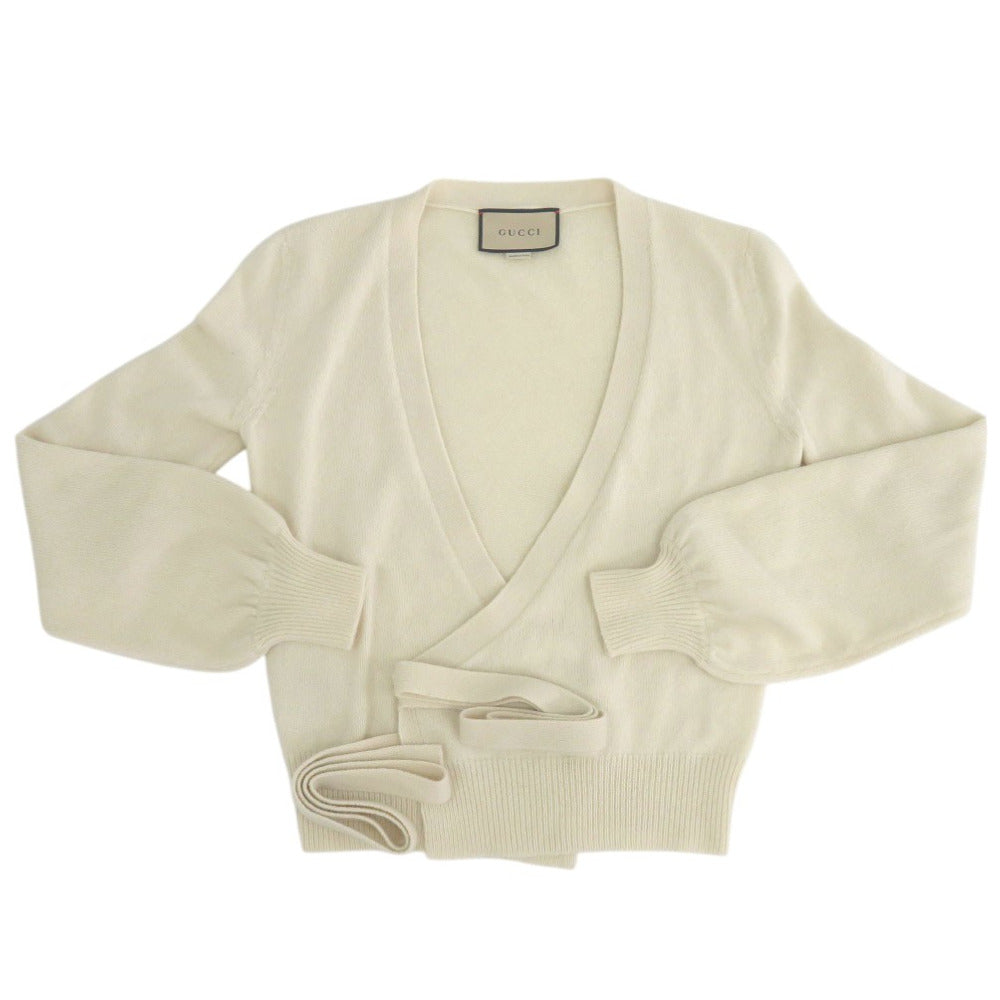 GUCCI cardigan cashmere Ivory Cache-coeur logo embroidered ribbon knit cardigan Women Medium size (170/90Y)