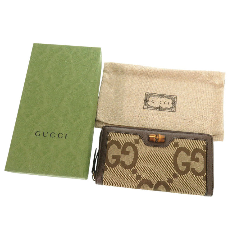 GUCCI Long Wallet Purse 658634 Canvas, Leather Brown Jumbo GG Bamboo Women