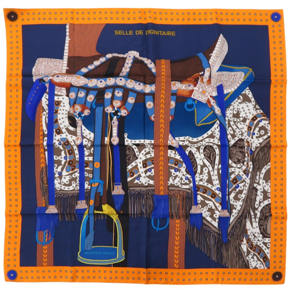HERMES scarf silk Orange Carre90 DIGNITAIRE Saddle of the Dignitary Women