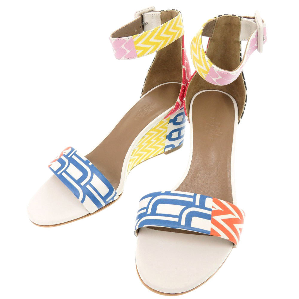 HERMES Sandals leather white Ankle strap wedge sole Women 35