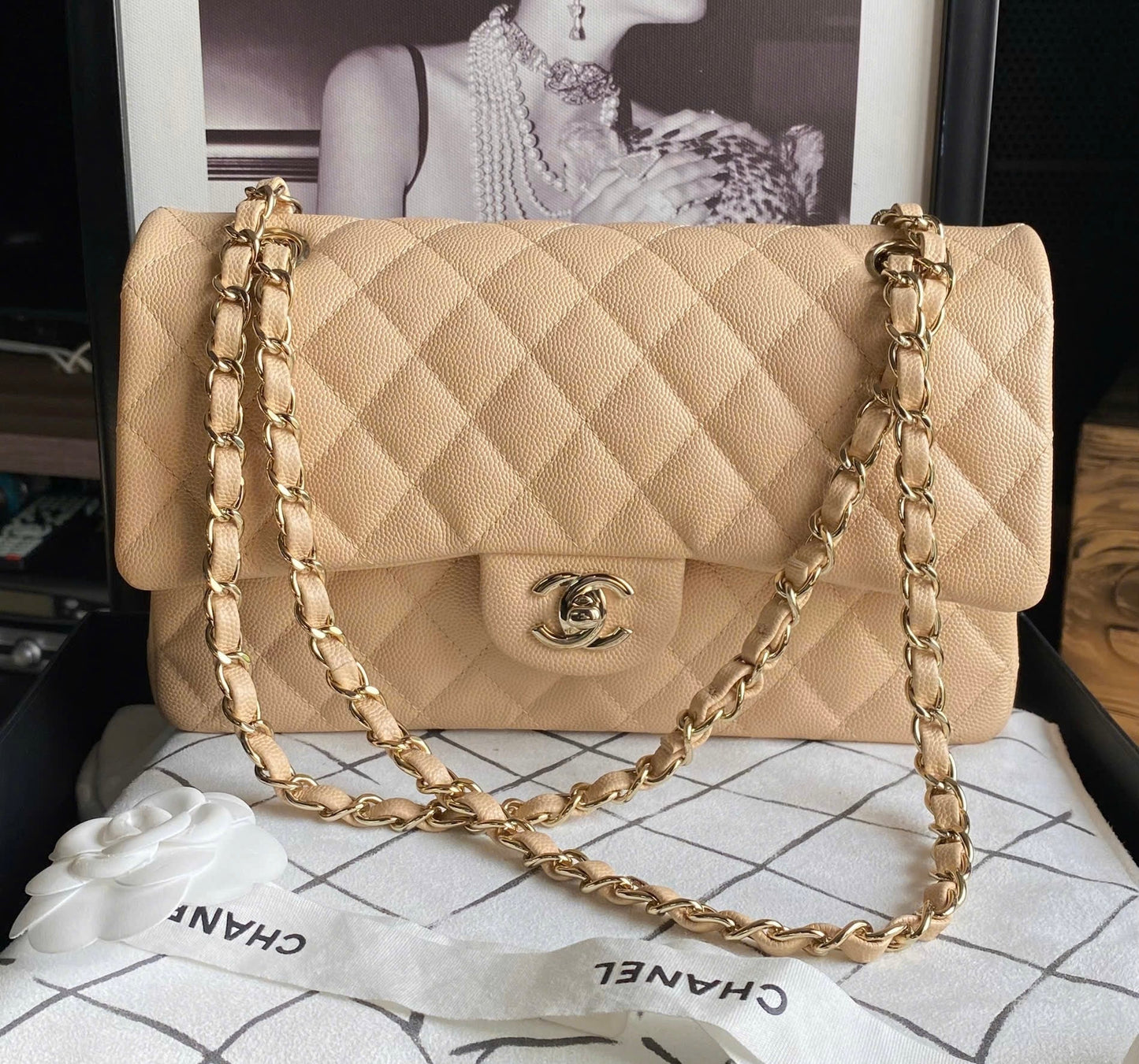 Chanel Medium Classic Handbag in Beige Caviar and Gold-Tone Metal