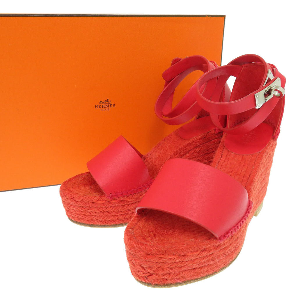 HERMES Sandals leather Red Espadrilles Tipoli Wedge Sole Kelly Metal Women 35