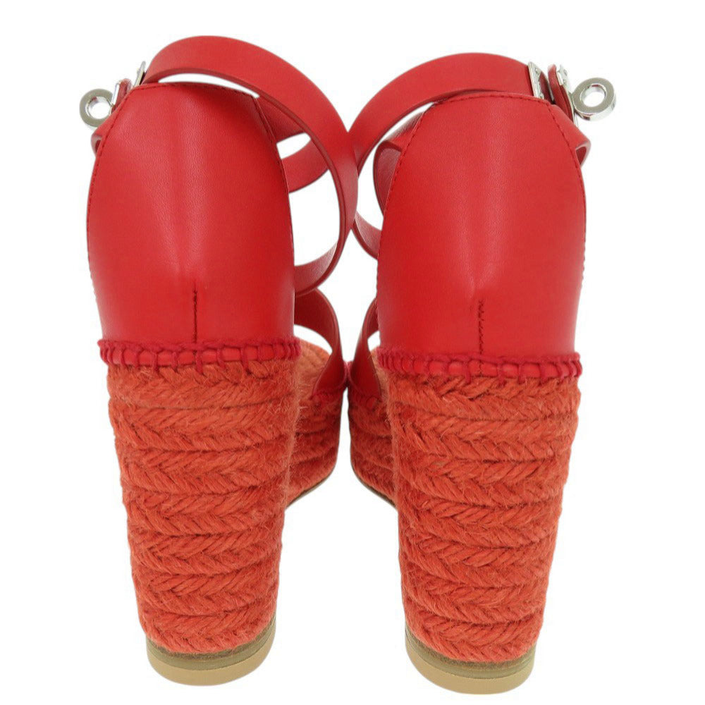 HERMES Sandals leather Red Espadrilles Tipoli Wedge Sole Kelly Metal Women 35