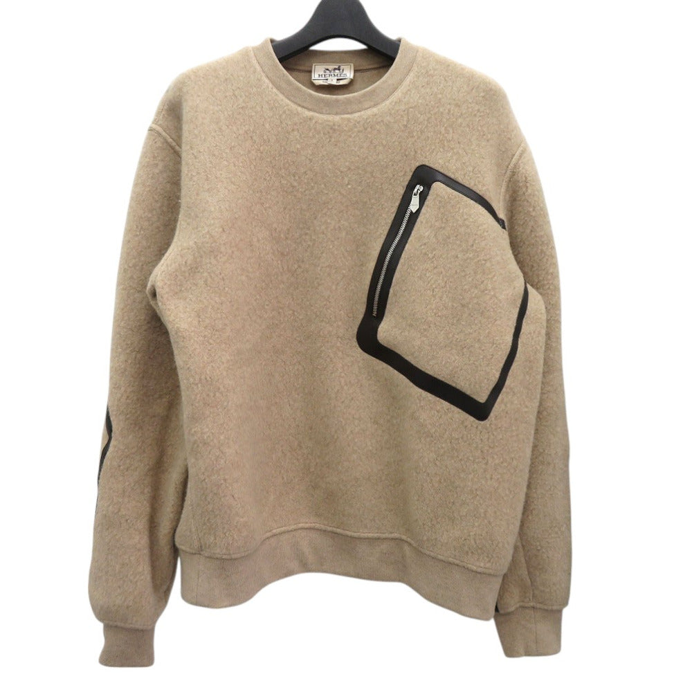 HERMES knit wool beige Crewneck Round Neck Sweater Pocket Piping Pullover Knit Pullover Crewneck Sweater mens S