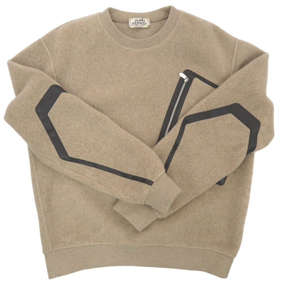 HERMES knit wool beige Crewneck Round Neck Sweater Pocket Piping Pullover Knit Pullover Crewneck Sweater mens S