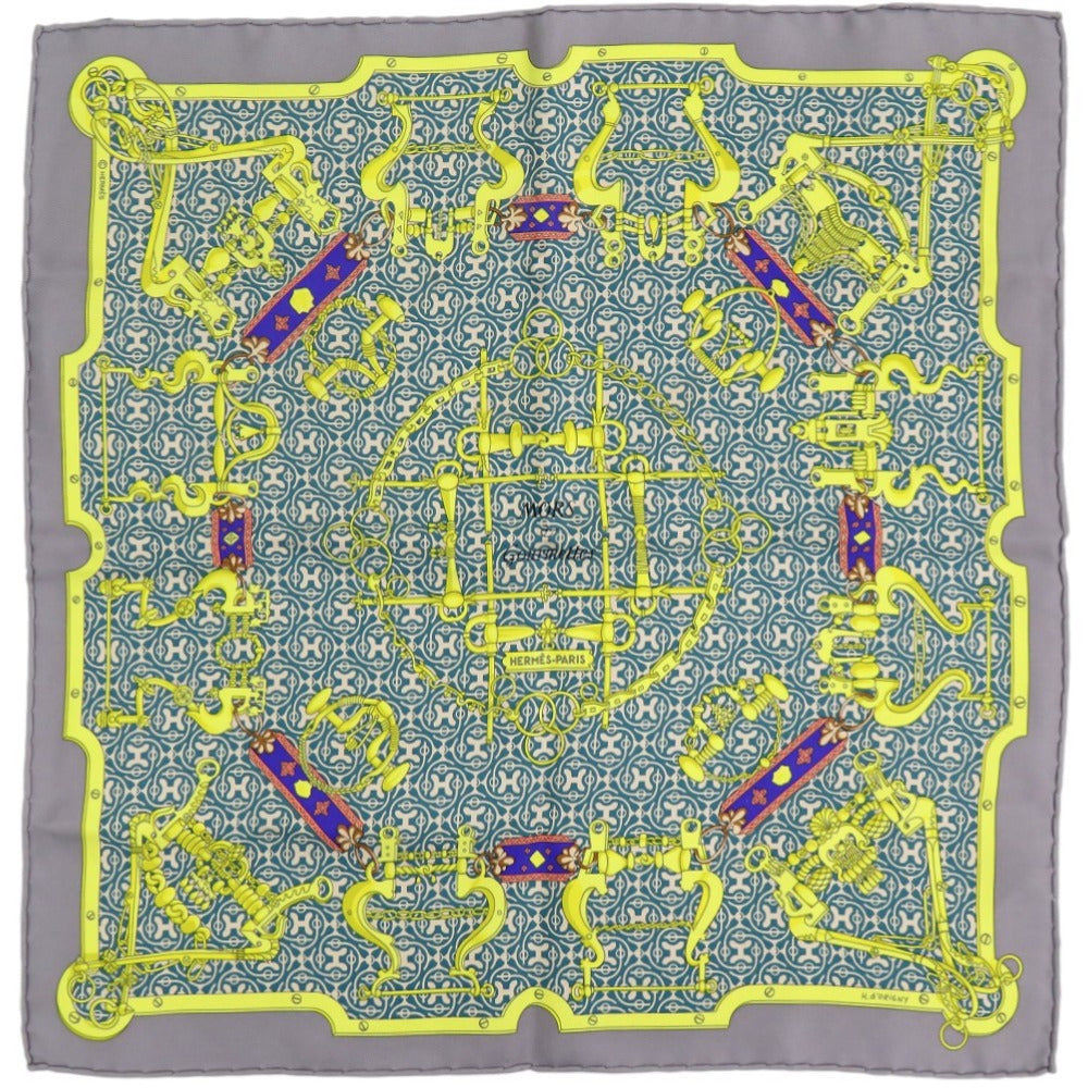 HERMES scarf silk gray Carre45 MORS and Gourmets Bits and Leashes