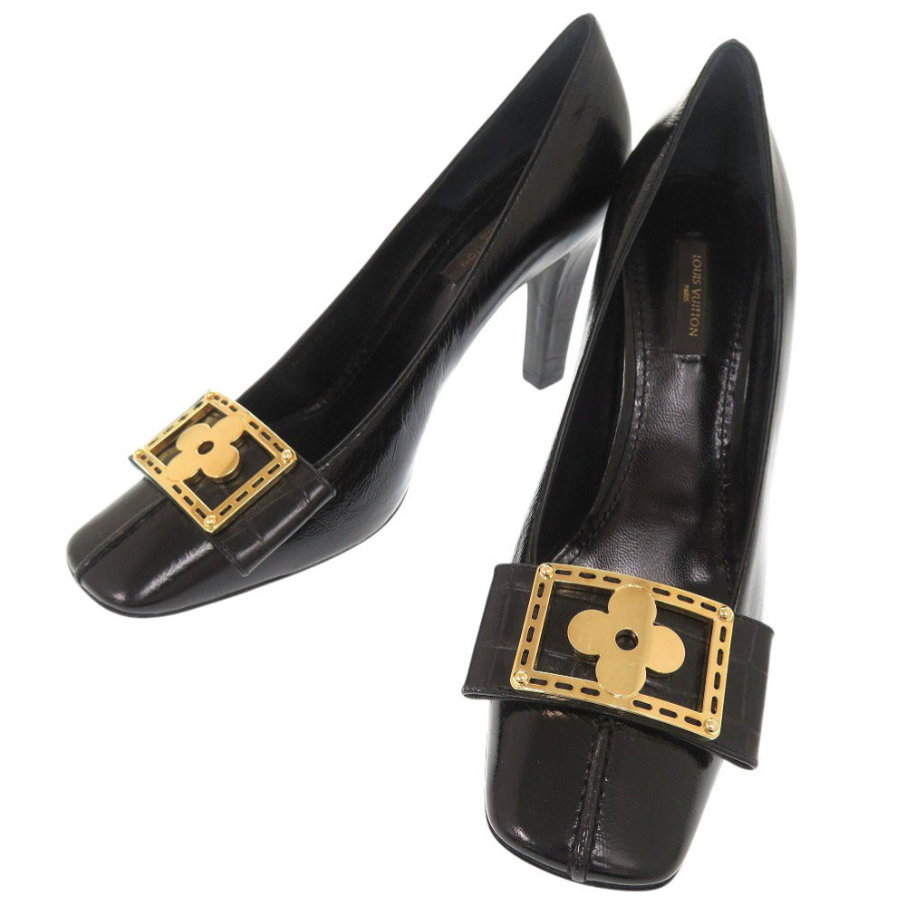 LOUIS VUITTON pumps Embossed leather black flour Women 37 1/2