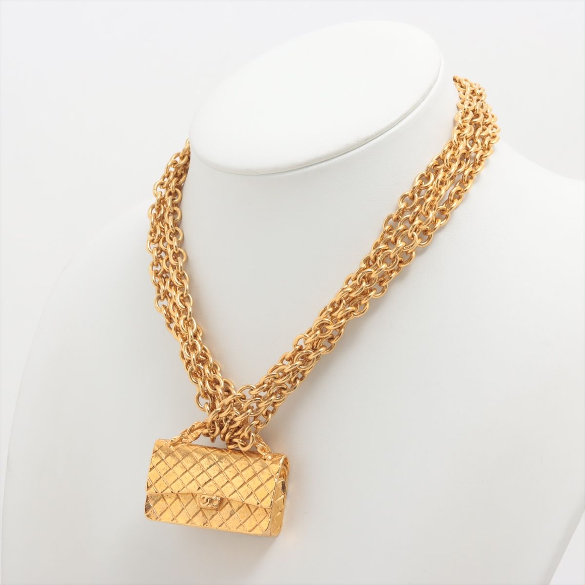 Chanel Gold Metal Quilted Flap Bag Multi-Chain Necklace