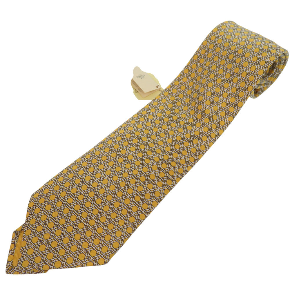 HERMES tie silk yellow All-over H logo Chene Dunkle mens