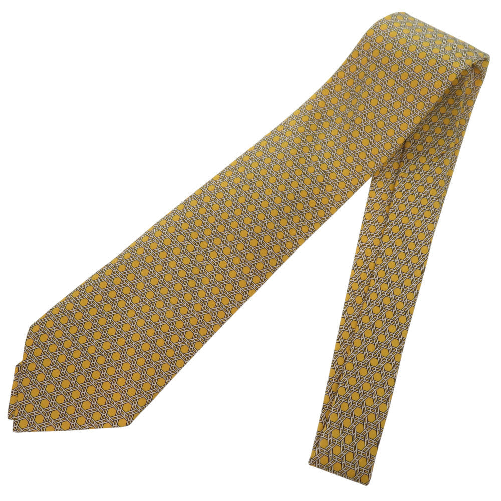 HERMES tie silk yellow All-over H logo Chene Dunkle mens