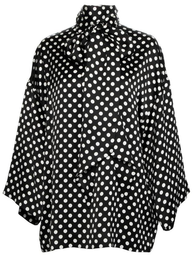 Luxury Saint Laurent Trending 2025 Polka Dot Bow Satin Blouse Black