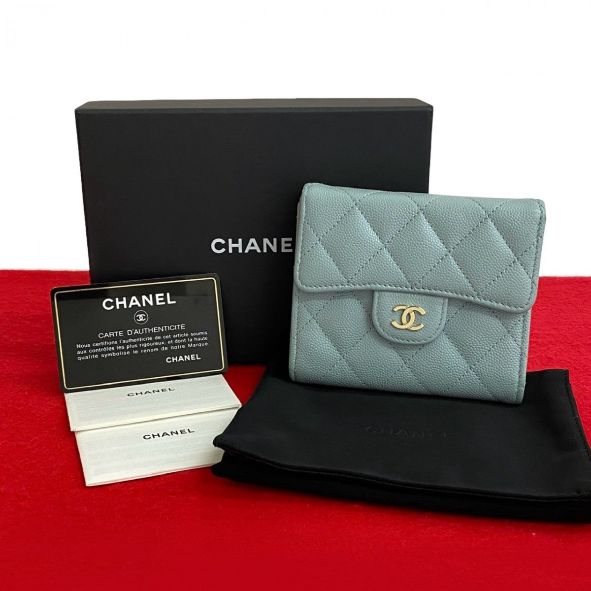 CHANEL Tri-fold wallet Matt caviar skin blue Matrasse