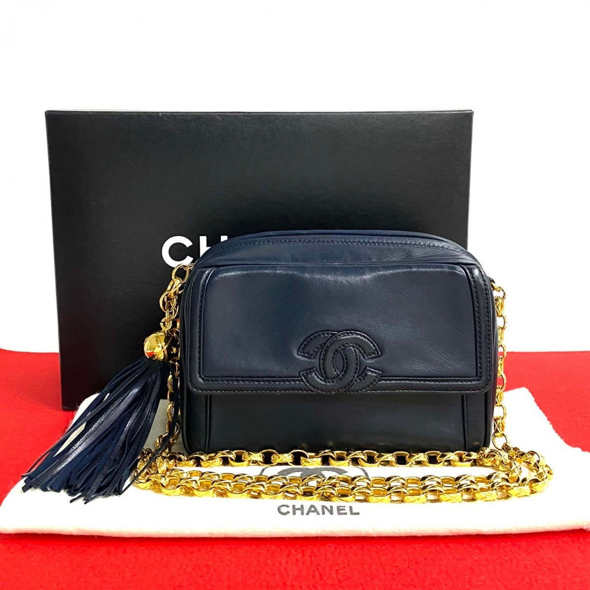 CHANEL Shoulder Bag lambskin Navy COCO Mark Fringe Chain Women