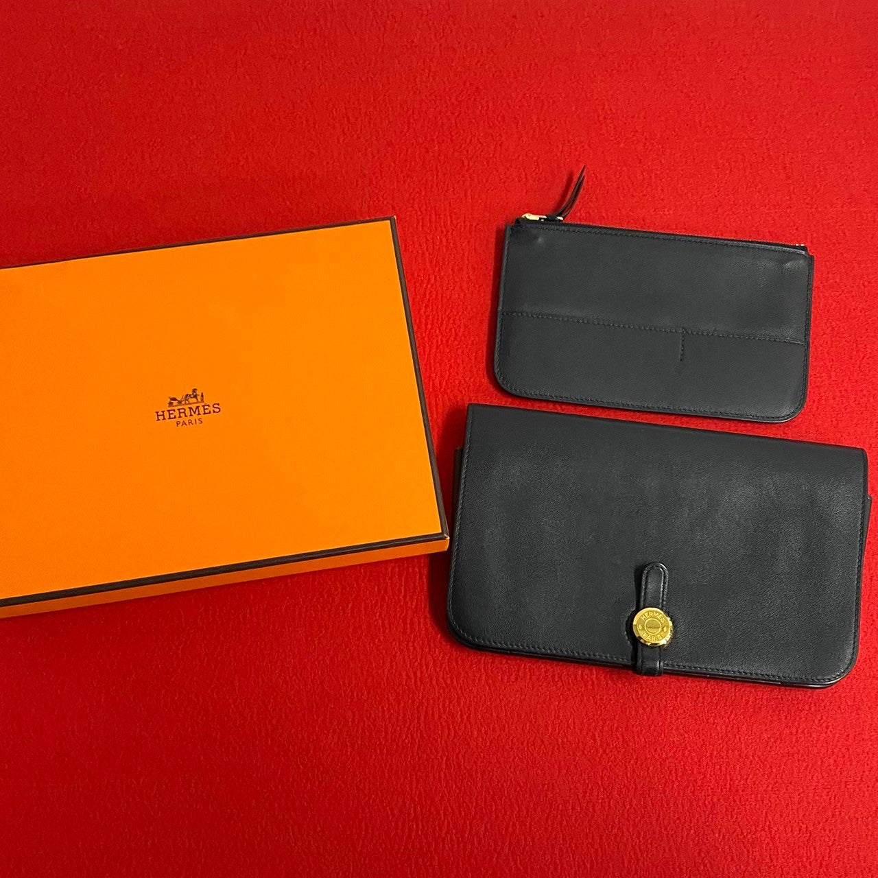 HERMES Long Wallet Purse Swift black Dogon Duo GM Women