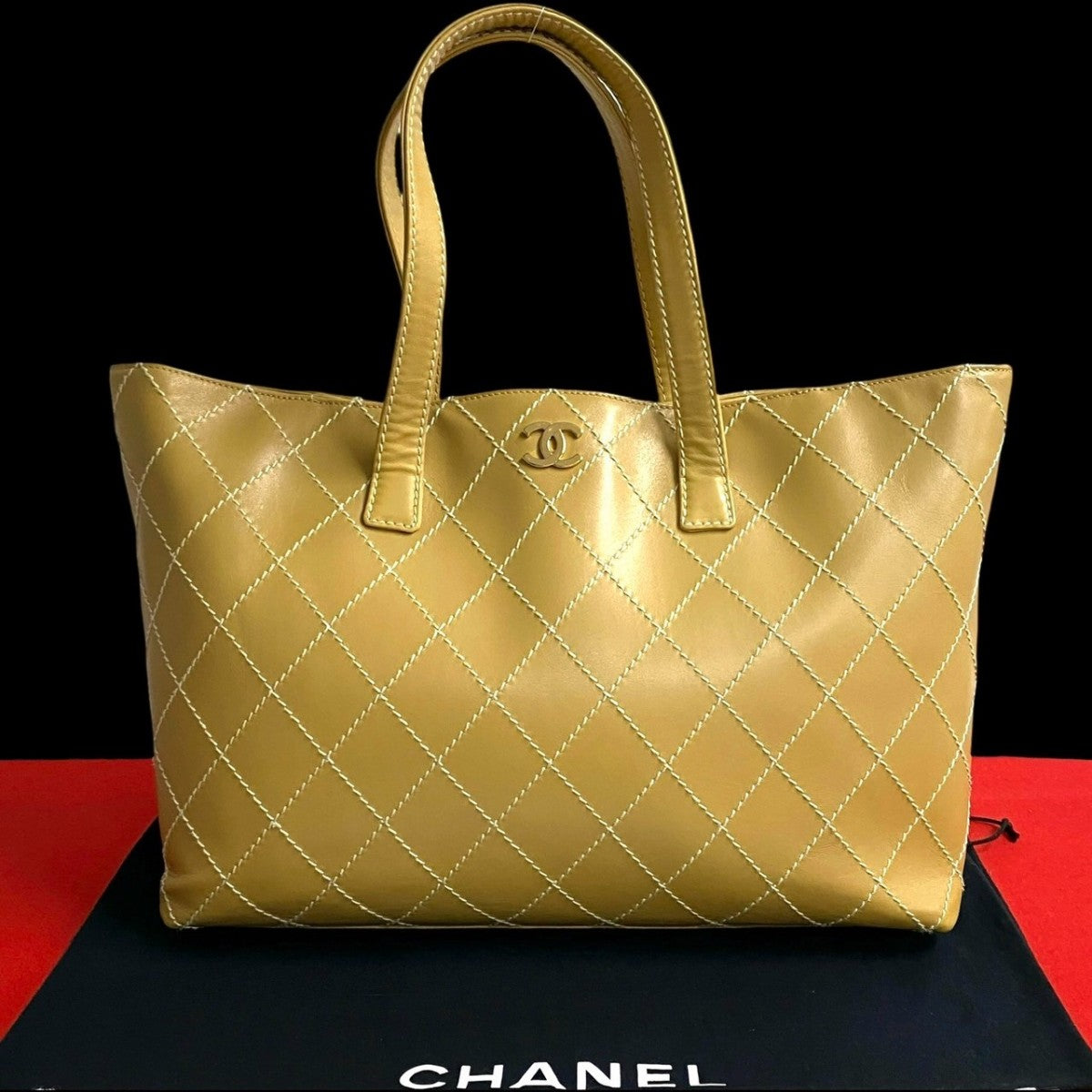 CHANEL Tote Bag leather yellow COCO Mark Wild stitch Women