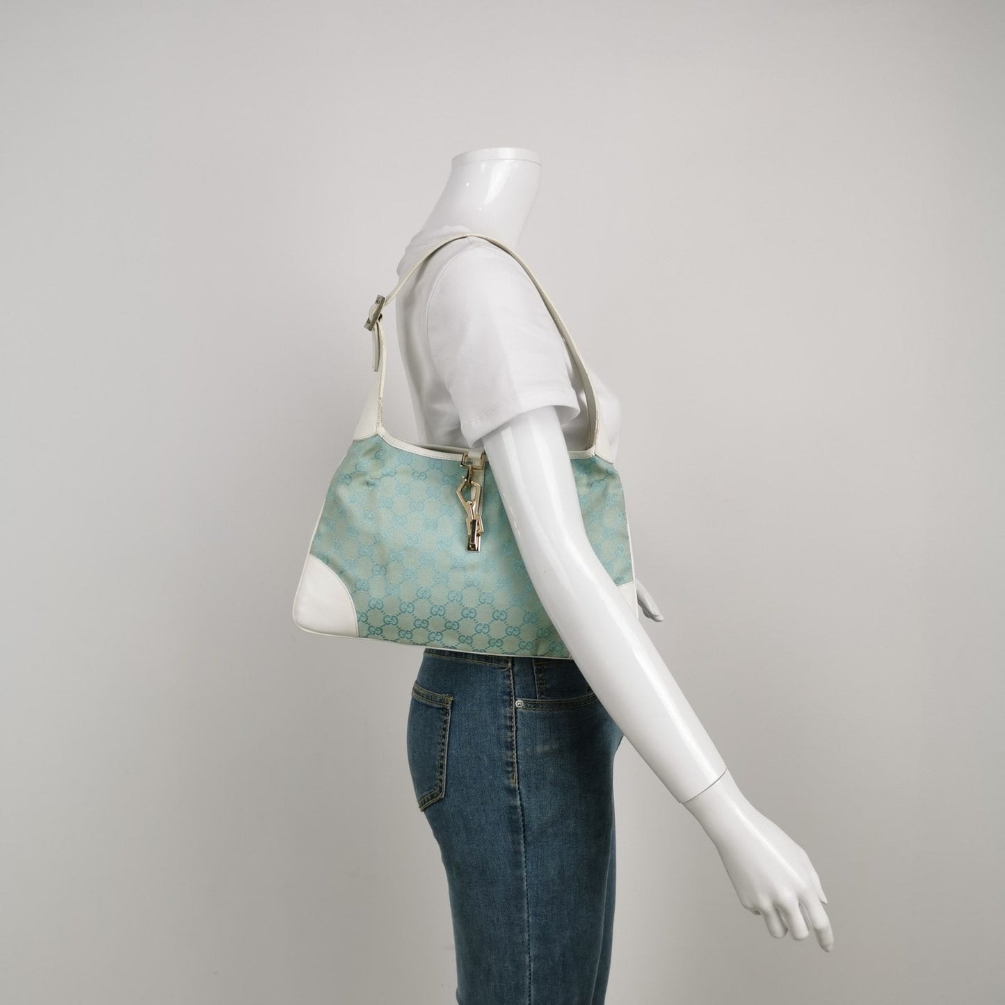 Gucci Jackie Vintage Blue Nylon White Leather Shoulder Bag Medium