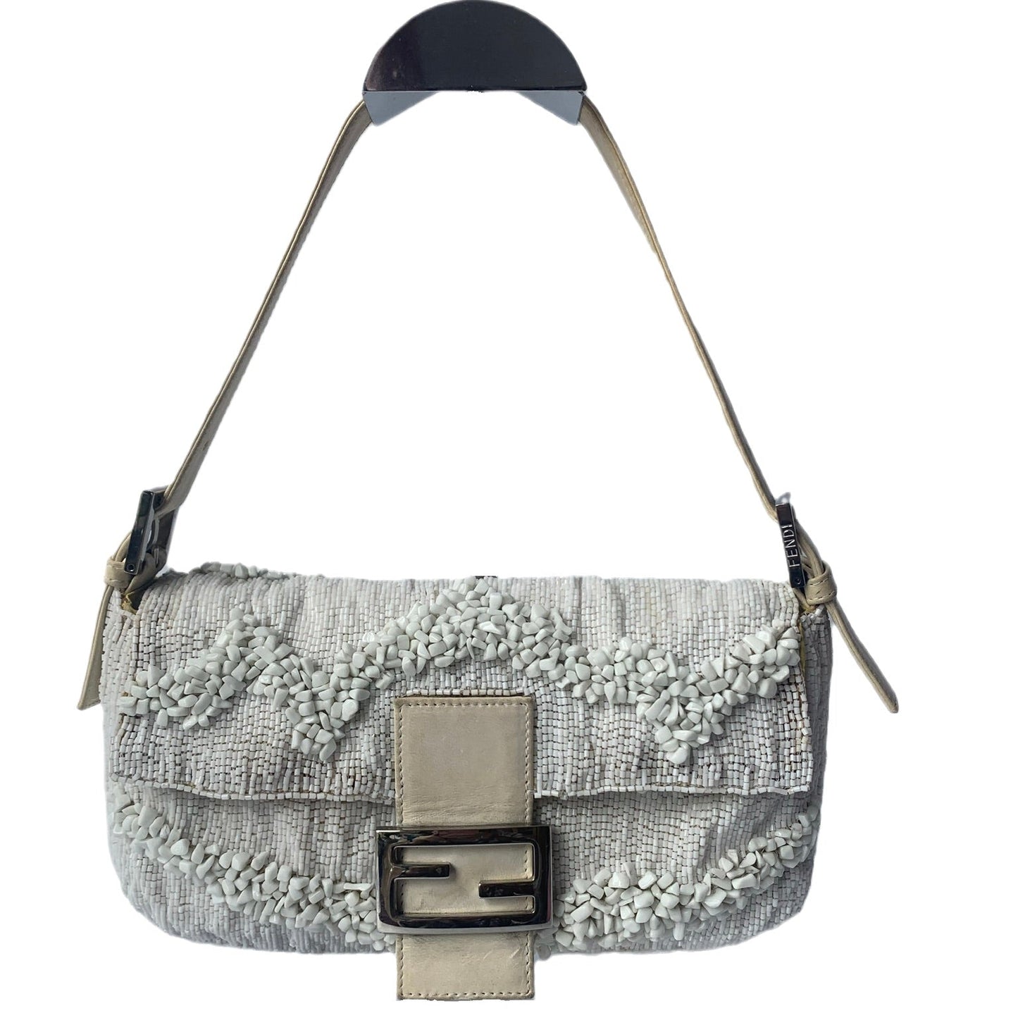 Fendi Baguette White Beaded with Stones in Wave Pattern