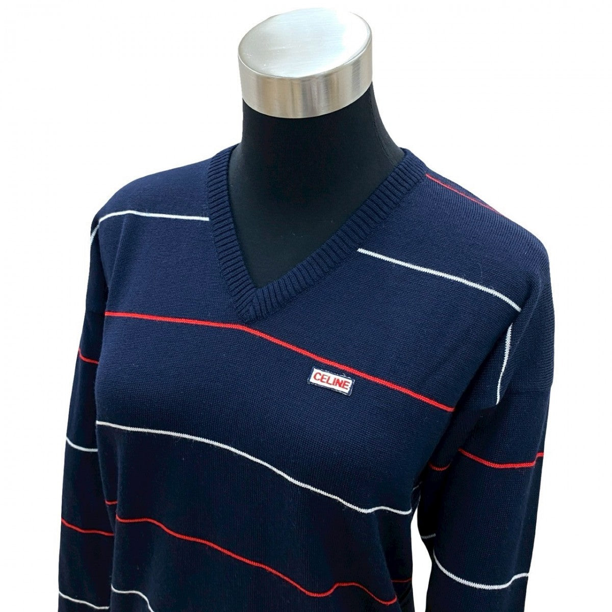 CELINE sweater wool Navy logo V-neck school knit Women 44
