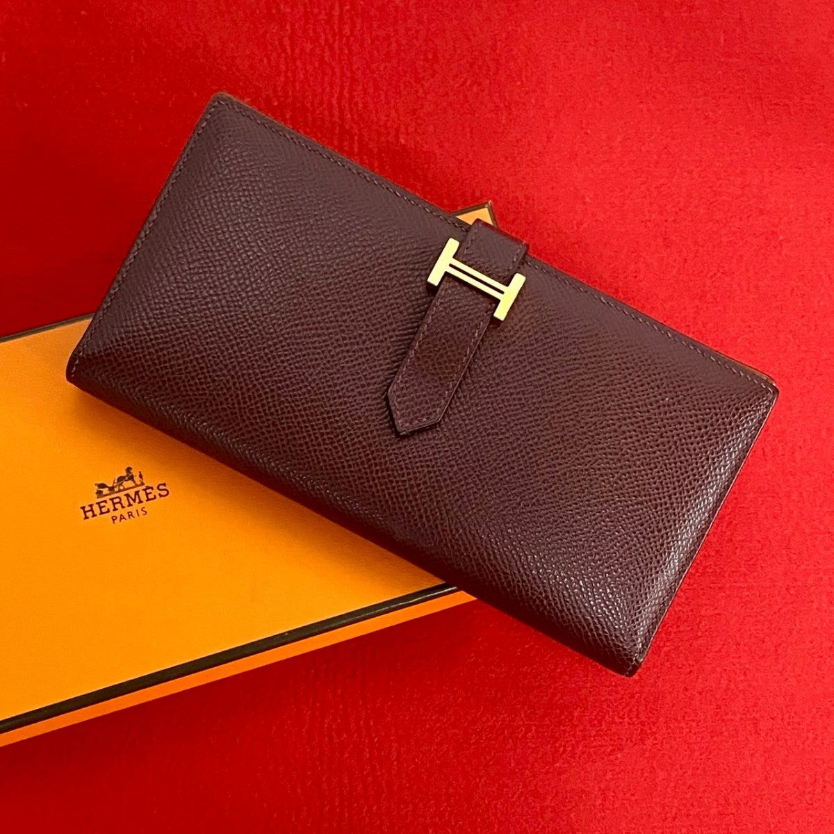 HERMES Long Wallet Purse Epsom wine-red Bane Souffle Women