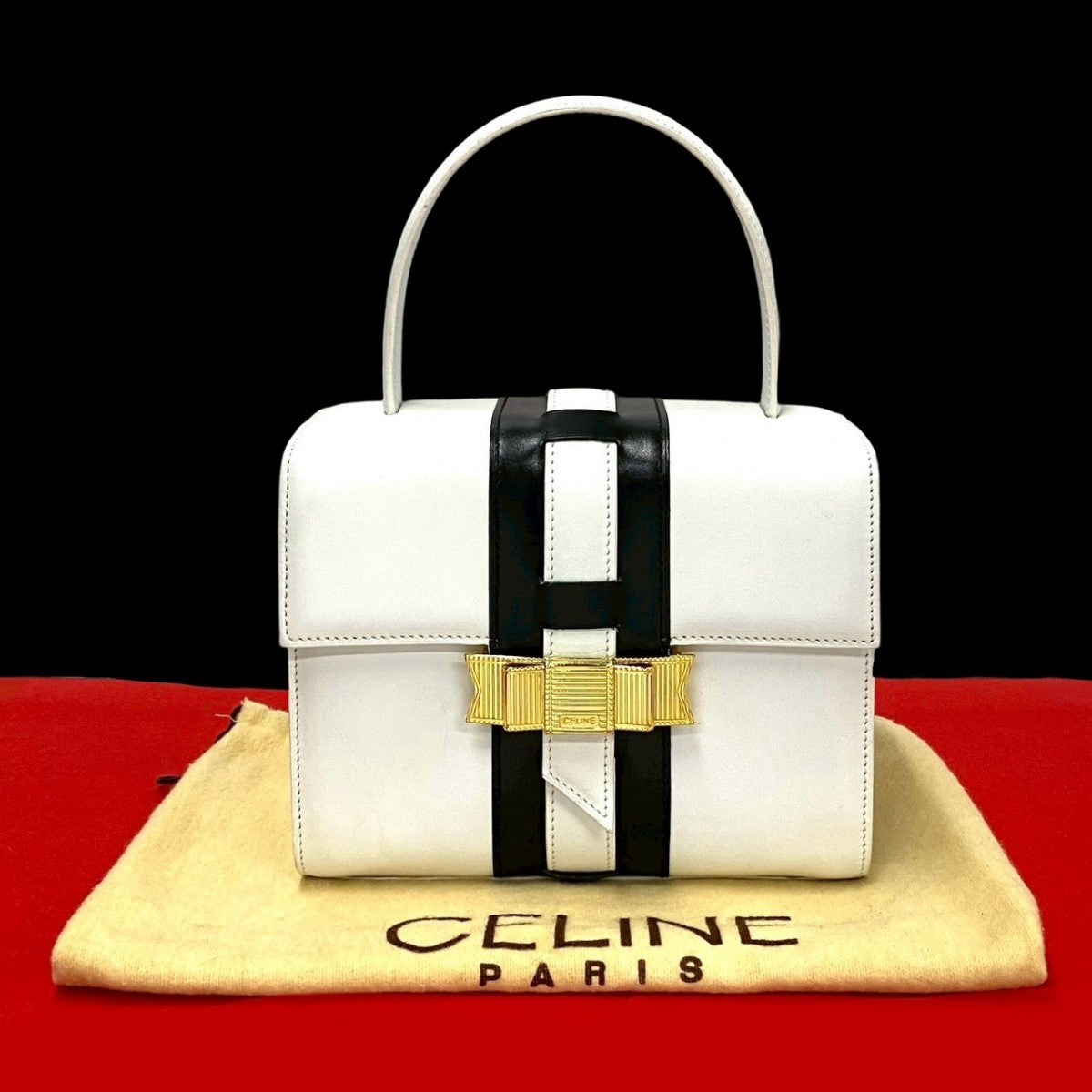 CELINE Handbag leather white logo ribbon Metal Women