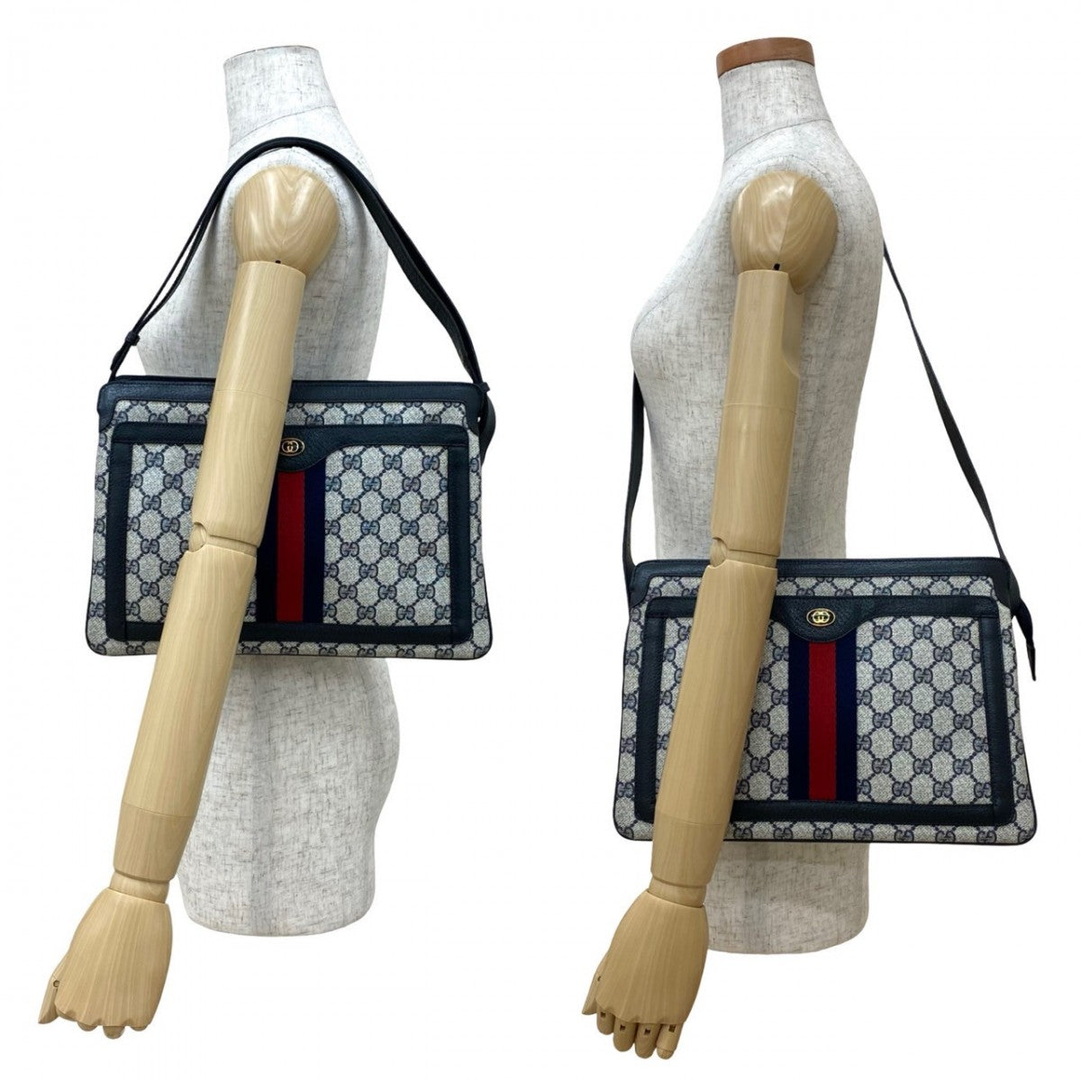 GUCCI Shoulder Bag Leather, PVC Navy GG logo Metal Sherry line Women