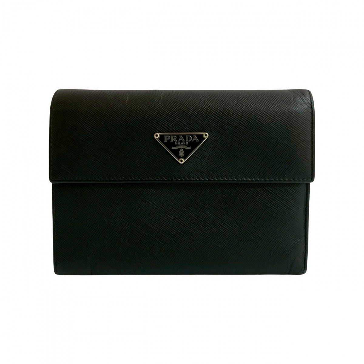 PRADA Tri-fold wallet leather black Triangle Logo Metal Women