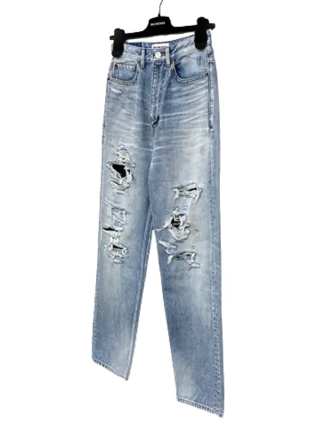Luxury Balenciaga Trending 2025 Women's Distressed Denim Straight Jeans Vintage Blue