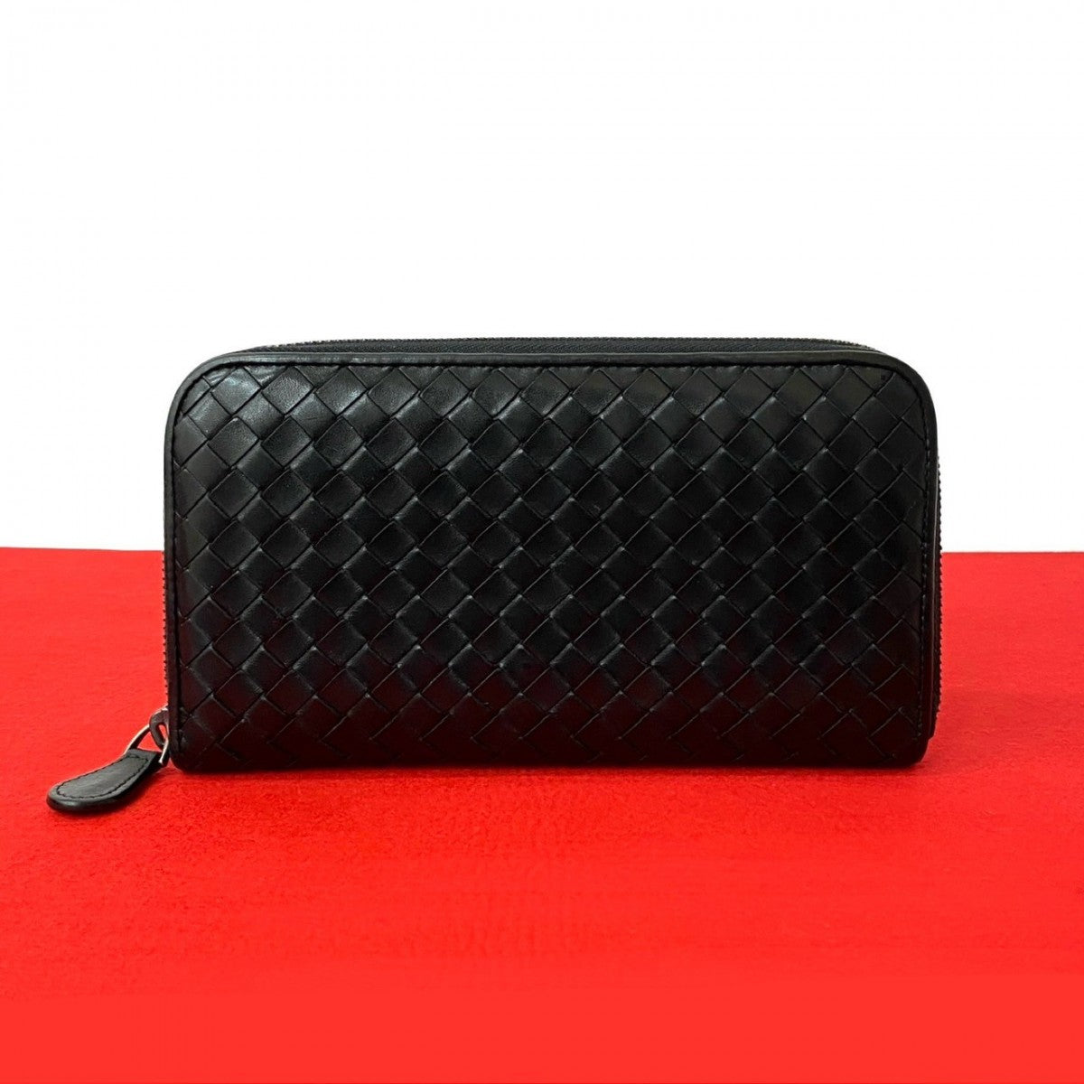 BOTTEGAVENETA Long Wallet Purse leather black Round zip INTRECCIATO mens(Unisex)