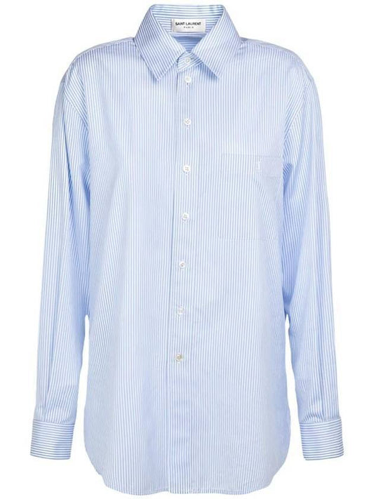 Luxury Saint Laurent Trending 2025 Striped Cotton Poplin Monogram Long Sleeve Shirt Blue